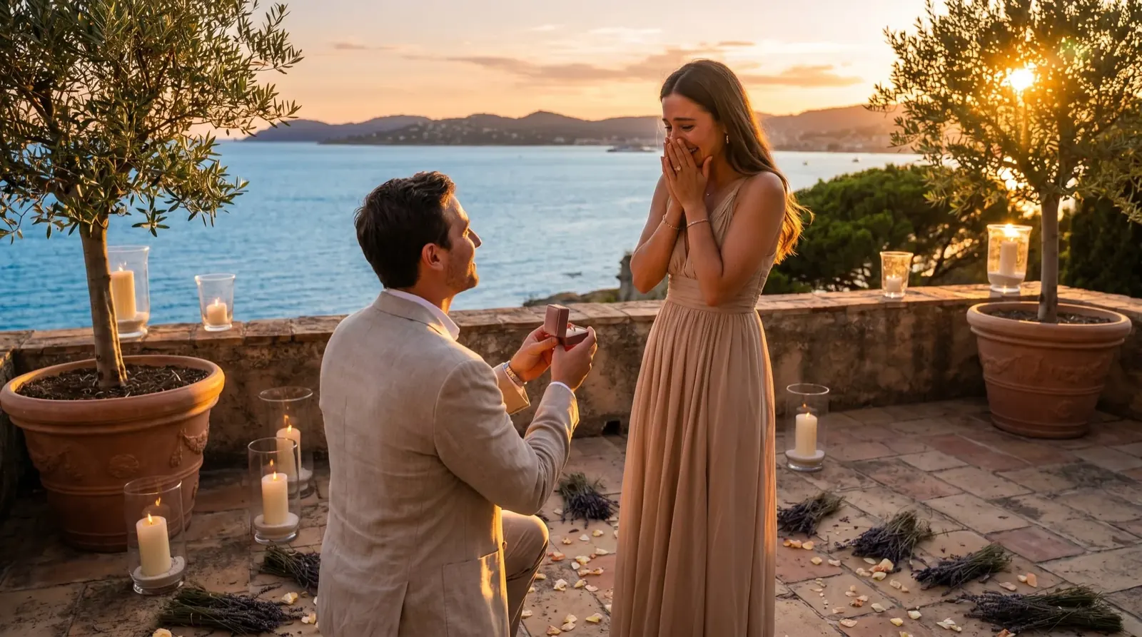 Proposal photographed at golden hour on the French Riviera coast