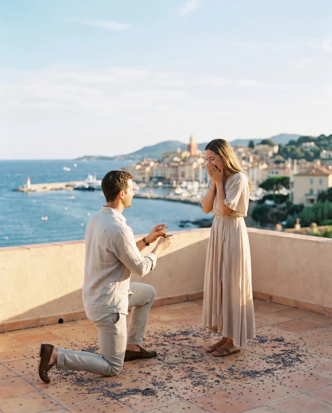 Engaged couple photographed on the French Riviera coastline